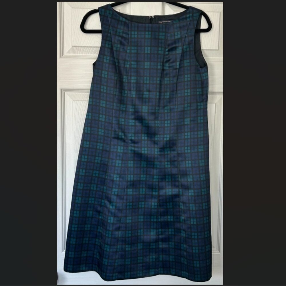 Brooks Brothers 346 Fit & Flare Dress Womens 8 Petite Blue Tartan Plaid Back Zip
